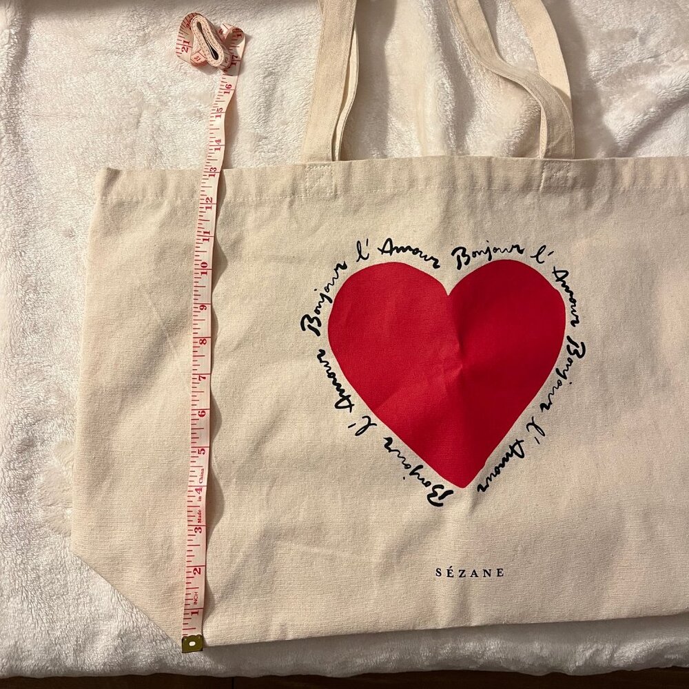 Sezane Mon Amour Red Heart Cotton Canvas Cream Ecru Tote Bag - Picture 3 of 4